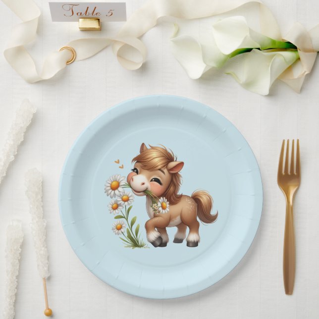 Prato De Papel Cute Pony Eating Daisies (Casamento)