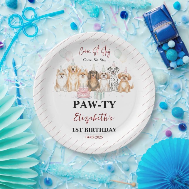 Prato De Papel Cute Puppy Dog Boy 1st Birthday | Pawty Time First (Festa)