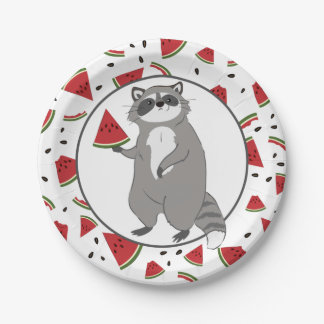 Prato De Papel Cute Raccoon com Pedaços de Melancia