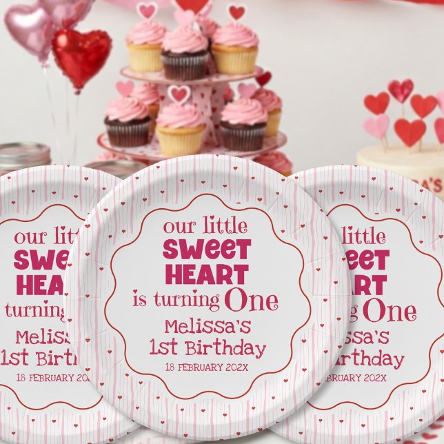Prato De Papel Cute Red Pink Sweetheart Turning One Birthday (Criador carregado)