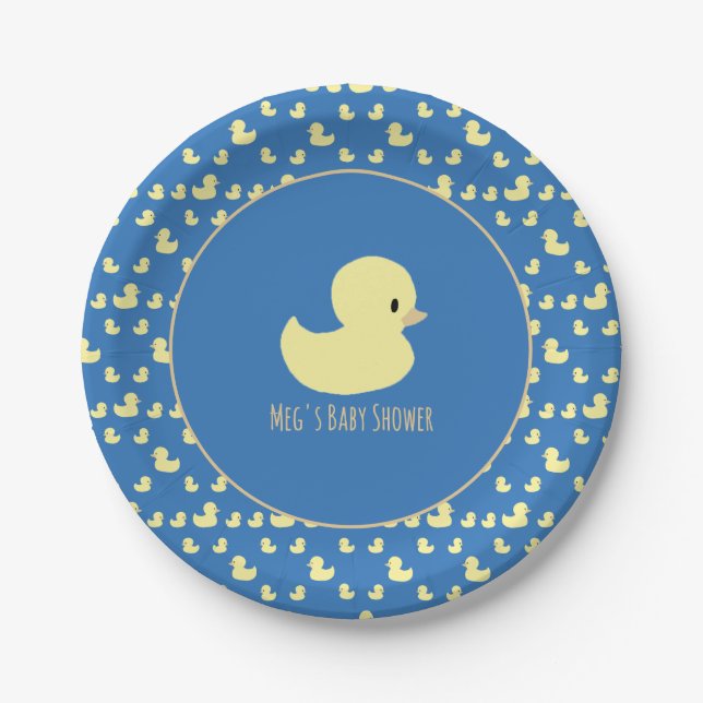 Prato De Papel Cute Rubber Duck Modern Blue Baby Shower (Frente)