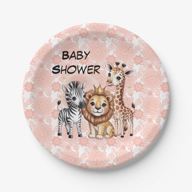 Prato De Papel Cute Safari Animals With Pink Florals (Frente)