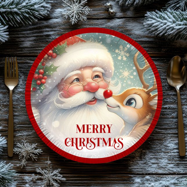Prato De Papel Cute Santa and Rudolph Cartoon Christmas Plates (Cute Santa and Rudolph Cartoon Christmas Paper Plates)