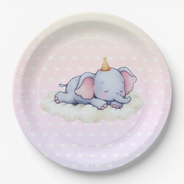 Prato De Papel Cute Sleeping Elephant Baby Shower Paper Plates (Frente)
