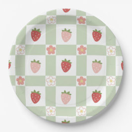 Prato De Papel Cute Strawberry Gingham Pastel Green 1st Birthday