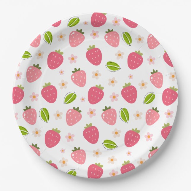 Prato De Papel Cute Strawberry Pink Girls Birthday Paper Plate (Frente)