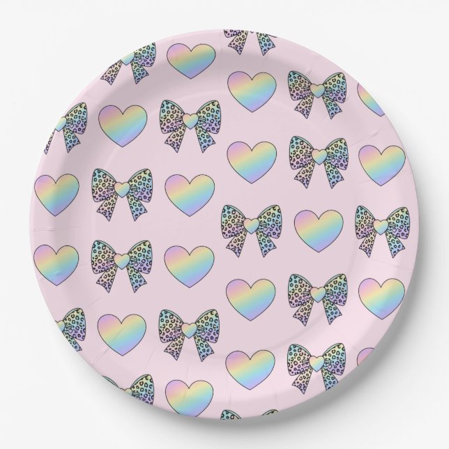 Prato De Papel  cute sweet rainbow hearts pastel gradient pattern (Frente)