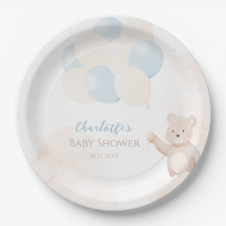 Prato De Papel Cute Teddy Bear with Balloons Boy Baby Shower