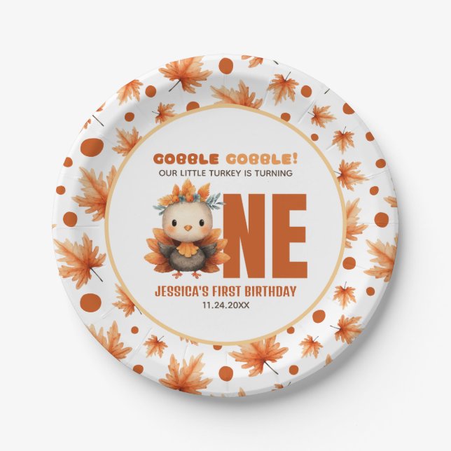Prato De Papel Cute Turkey Gobble Thanksgiving Fall 1st Birthday (Frente)