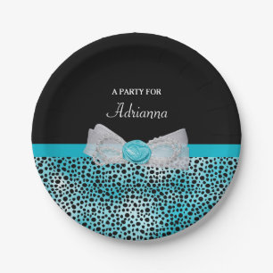 Prato De Papel Cute Turquoise Cheetah Impressão Frilly Arco Party