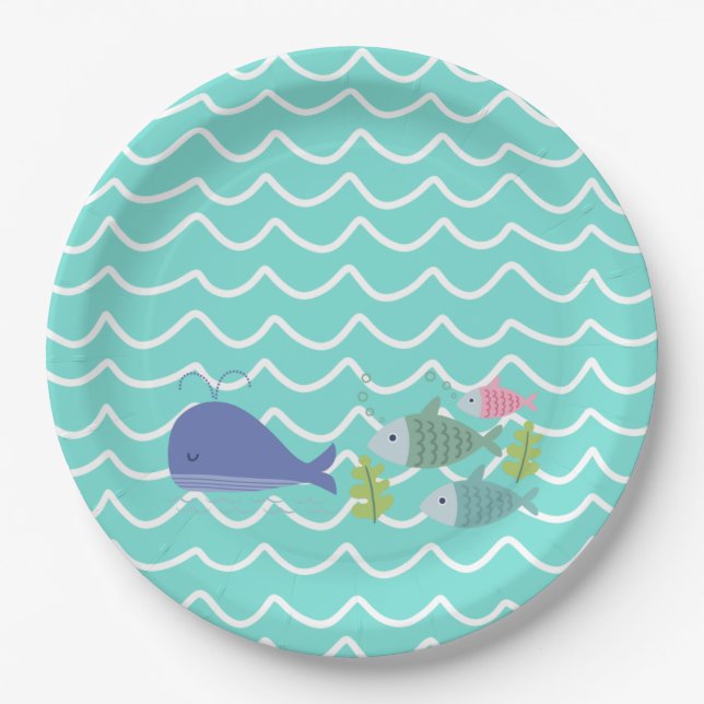 Prato De Papel Cute Turquoise Whale & Fishy Paper Plates (Frente)