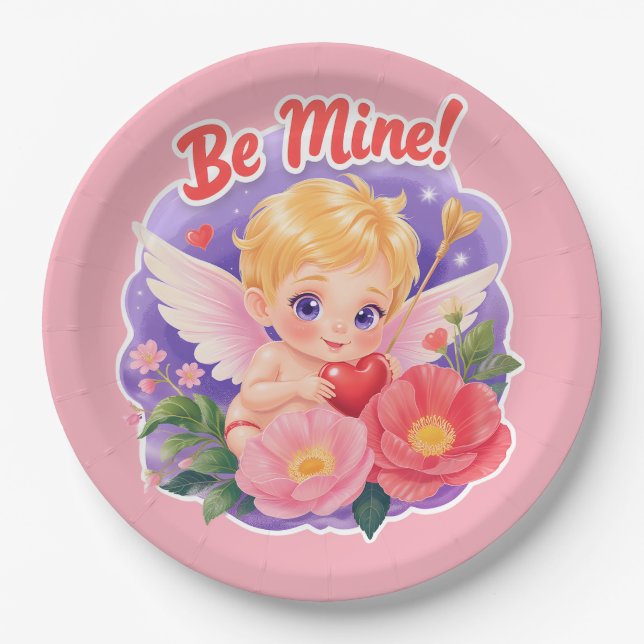 Prato De Papel Cute Valentine's Day Cupid with "Be Mine" (Frente)