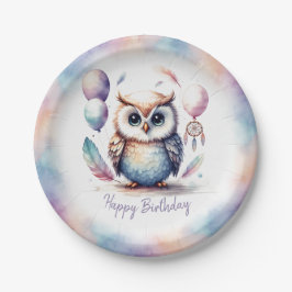 Prato De Papel Cute Watercolor Baby Owl Balloons Birthday