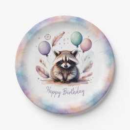 Prato De Papel Cute Watercolor Baby Raccoon Balloons Birthday