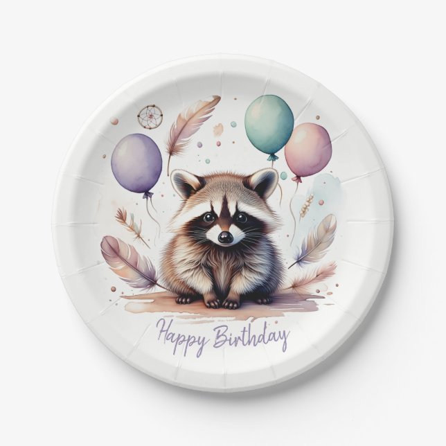 Prato De Papel Cute Watercolor Baby Raccoon Balloons Birthday  (Frente)
