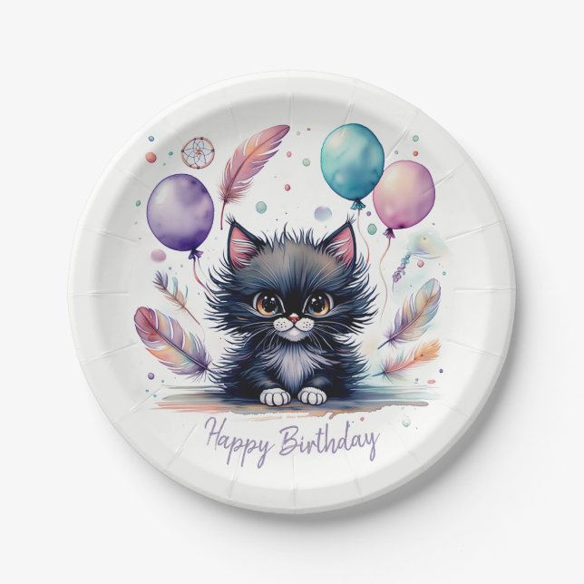 Prato De Papel Cute Watercolor Black Kitten Balloons Birthday  (Frente)