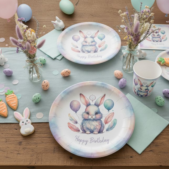 Prato De Papel Cute Watercolor Bunny Rabbit Balloons Birthday  (Cute Watercolor Bunny Rabbit Balloons Birthday Paper Plates)
