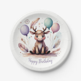 Prato De Papel Cute Watercolor Moose with Balloons Birthday