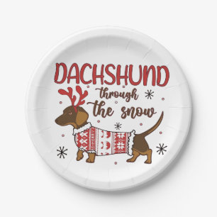 Prato De Papel Dachshund Através da Neve Amante de Cães de Natal