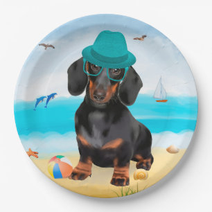 Prato De Papel Dachshund Dog em Beach