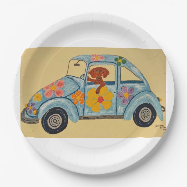 Prato De Papel Dachshund em carro hippie (Frente)