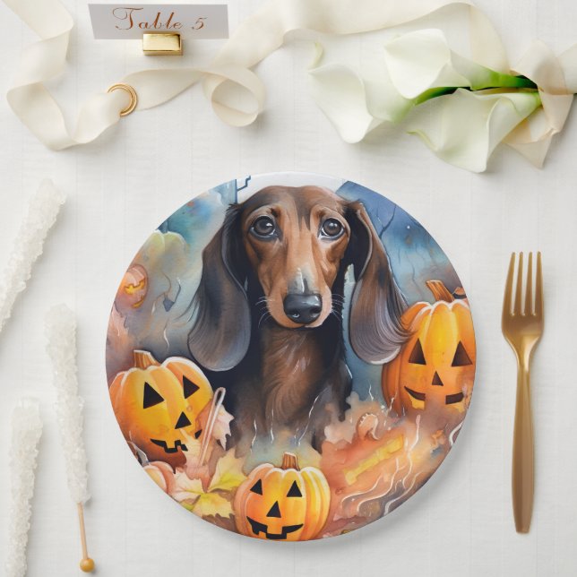 Prato De Papel Dachshund Halloween com Abóboras Assustador (Casamento)