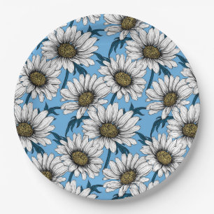 Prato De Papel Daisies, flores silvestres em azul