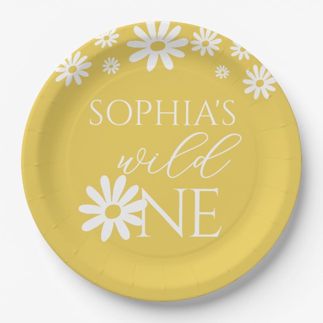 Prato De Papel Daisy 1st Birthday Wild One Wildflower Birthday (Frente)