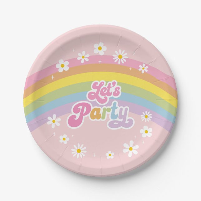 Prato De Papel Daisy Rainbow Party Retro Birthday (Frente)