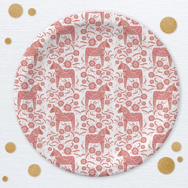 Prato De Papel Dala Horse Red e White Suecos (Swedish Dala Horse red and white pattern party paper plate)