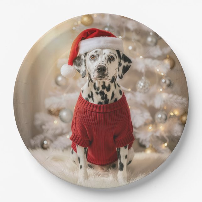 Prato De Papel Dalmatian Dog Wearing a Red Christmas Sweater (Frente)