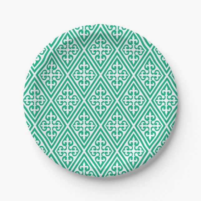 Prato De Papel Damasco Cruzado Medieval - Turquesa e Branco (Frente)