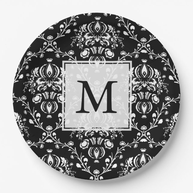 Prato De Papel Damasco Personalizado Preto e Branco (Frente)