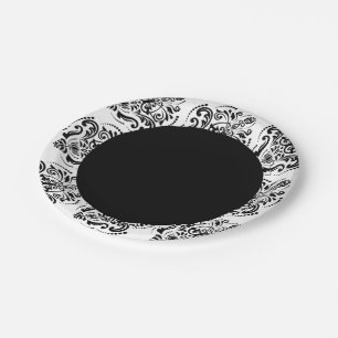 Prato De Papel Damasco preto e branco elegante
