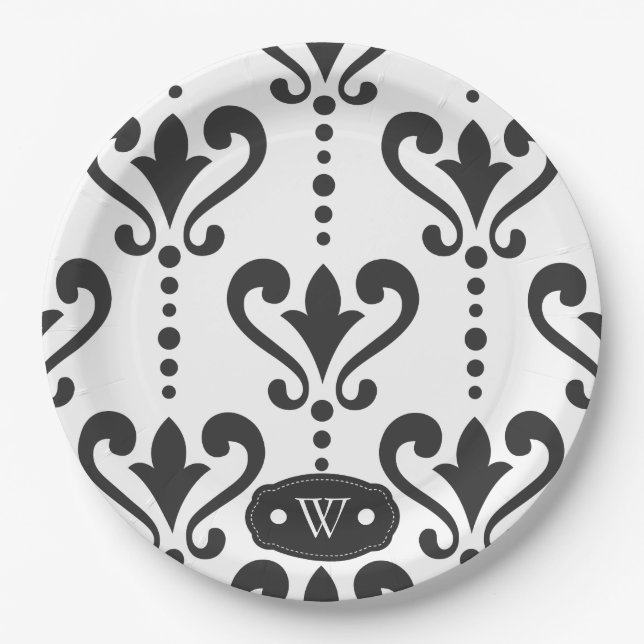 Prato De Papel Damasco preto e branco Elegante monograma (Frente)