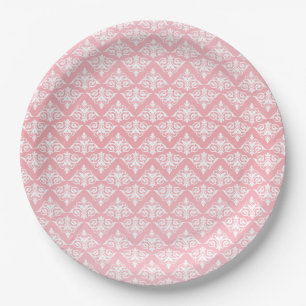 Prato De Papel Damasco Rosa e Branco