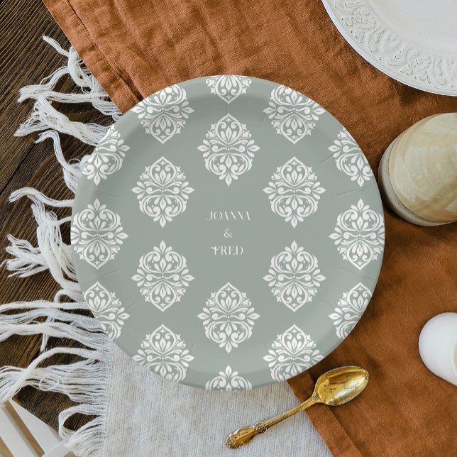 Prato De Papel Damask Ambience Pale Olive Elegant Plates (Criador carregado)