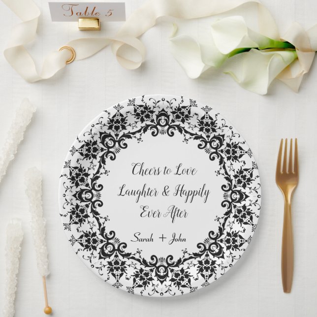 Prato De Papel Damask Cheers to Love Laughn Casion  (Casamento)