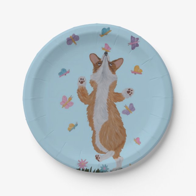 Prato De Papel Dancing Welsh Corgi with Butterflies (Frente)