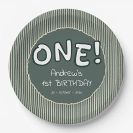 Prato De Papel Dark Green Stripes 1st Birthday