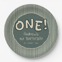Prato De Papel Dark Green Stripes 1st Birthday