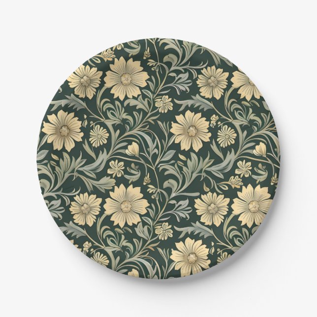 Prato De Papel Dark green stylized yellow flowers  pattern  (Frente)