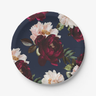 Prato De Papel Dark Moody Burgundy Blush Peony Floral Marinho Azu