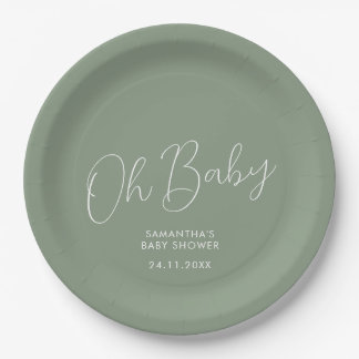 Prato De Papel Data de Baby Shower Oh Minimalista em Verde Sage e