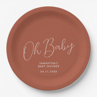 Prato De Papel Data de Baby Shower Oh terracota com Letra Minimal