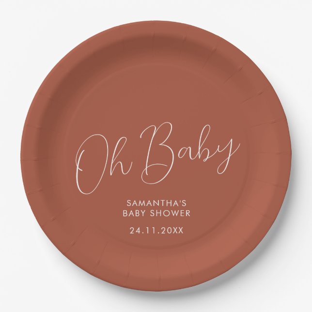 Prato De Papel Data de Baby Shower Oh terracota com Letra Minimal (Frente)