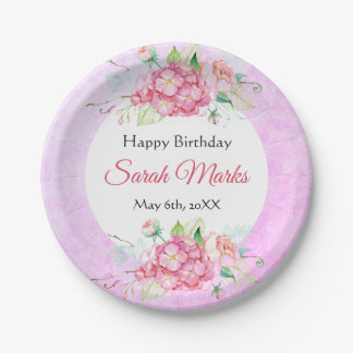 Prato de papel de aniversário botânico rosa