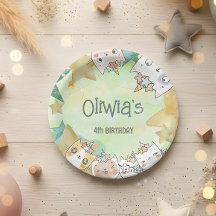 Prato de papel de aniversário de caticórnio mágico