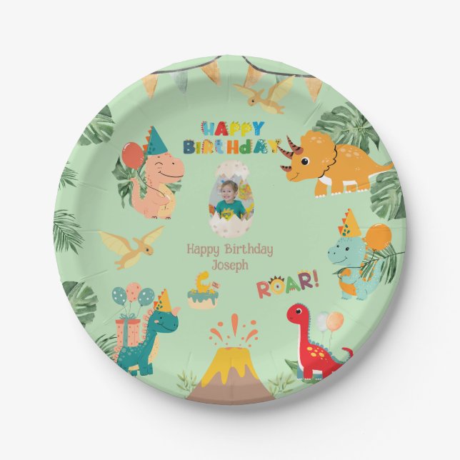 Prato de Papel de Aniversário de Dinossauro – Foto (Frente)