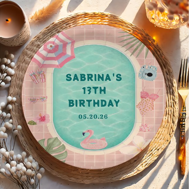 Prato de papel de aniversário de festa de piscina  (Criador carregado)